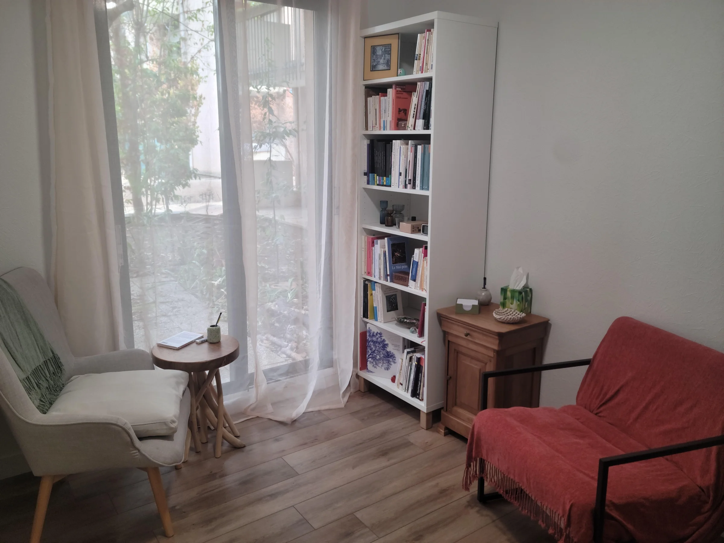 Deux fauteuils et une bibliothèque dans un cabinet lumineux